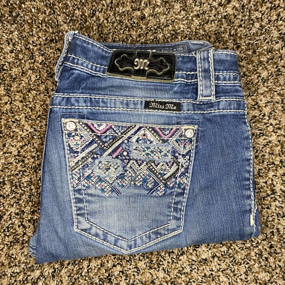 Miss Me Blue Boot Cut Jeans with Decorative Embroidery